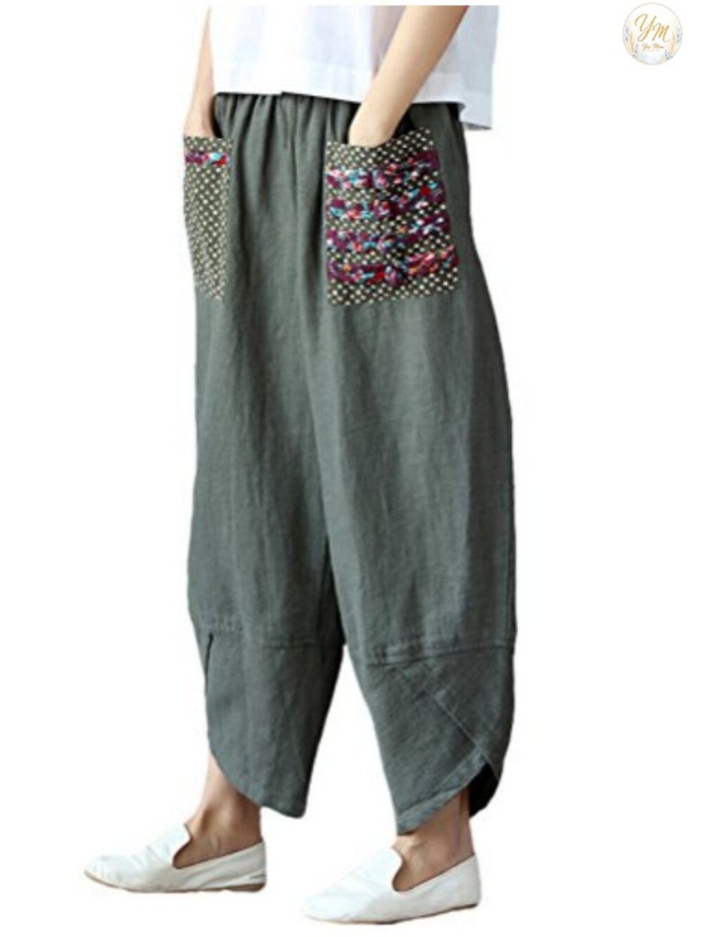 Linen Baggy Wide Leg Harem Pants Elastic Waist Casual